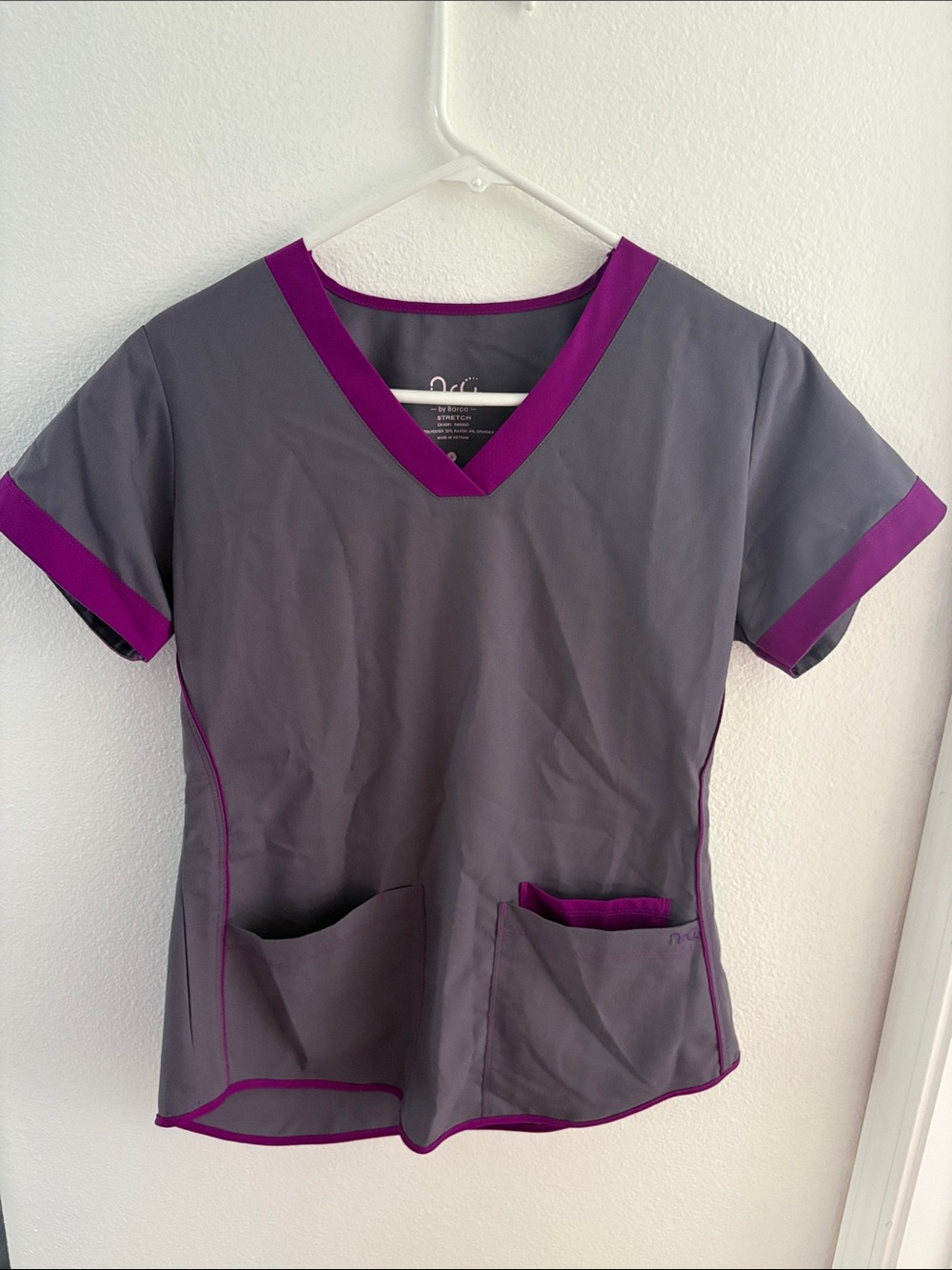 Barco Uniforms Gray Scrub Top with Purple Trim